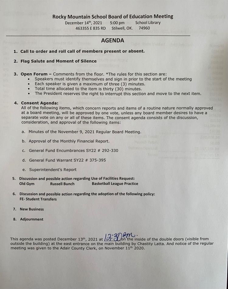 December 2021 Board Meeting Agenda 