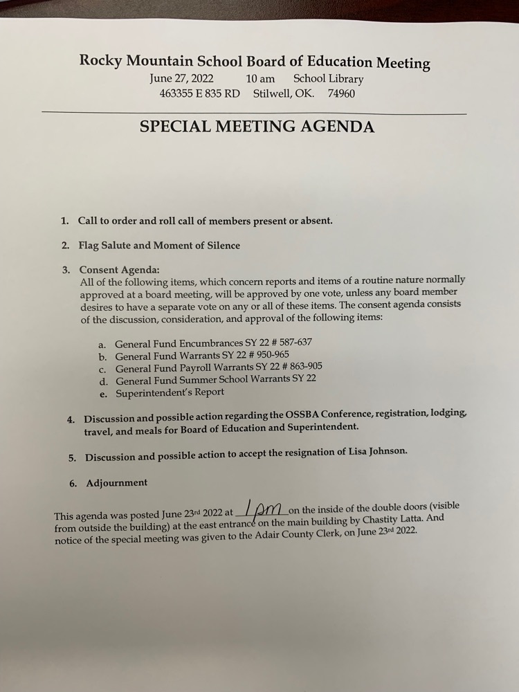 Special Board Meeting Agenda-June 2022