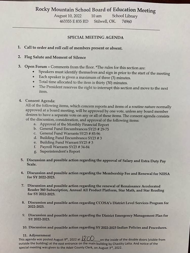 August 2022 School Board Meeting Agenda