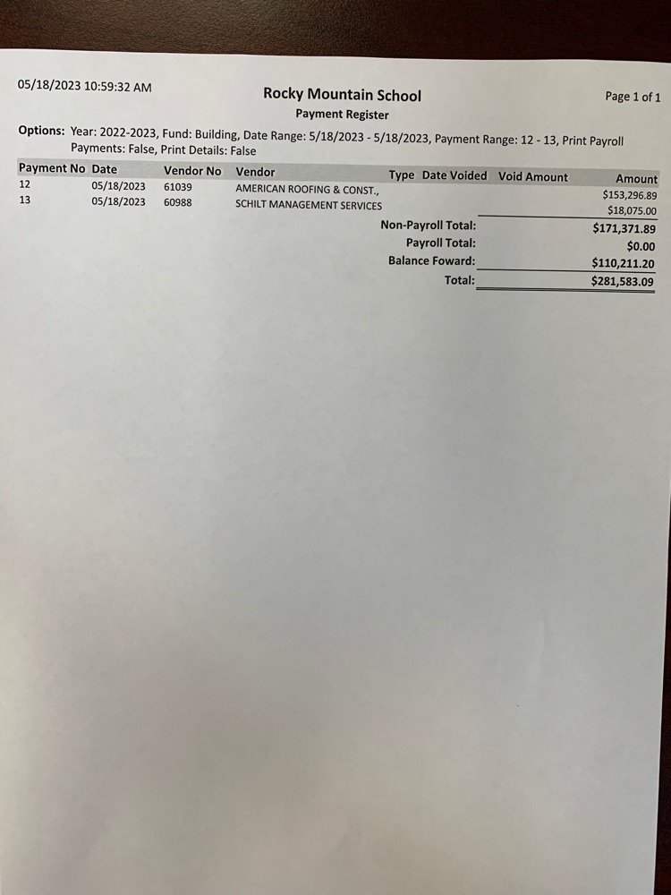 May 2023 Special Meeting Payment Register pg1