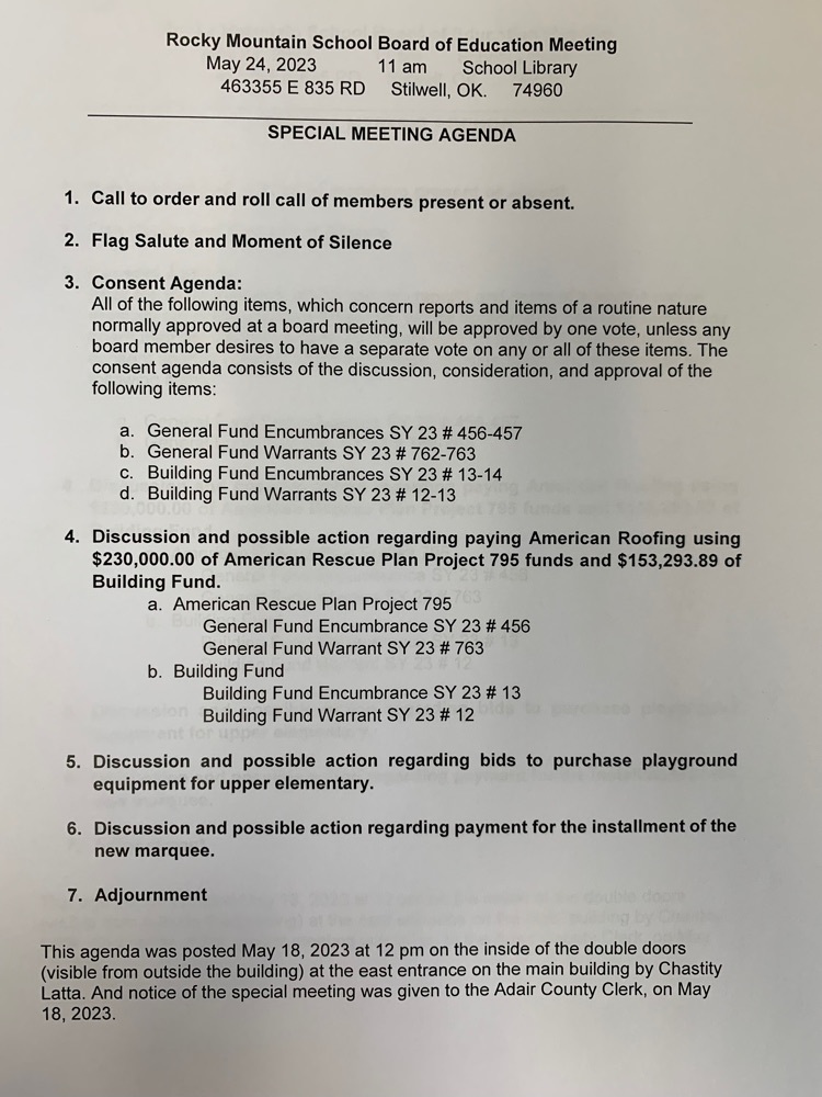 May 2023 Special Meeting Agenda